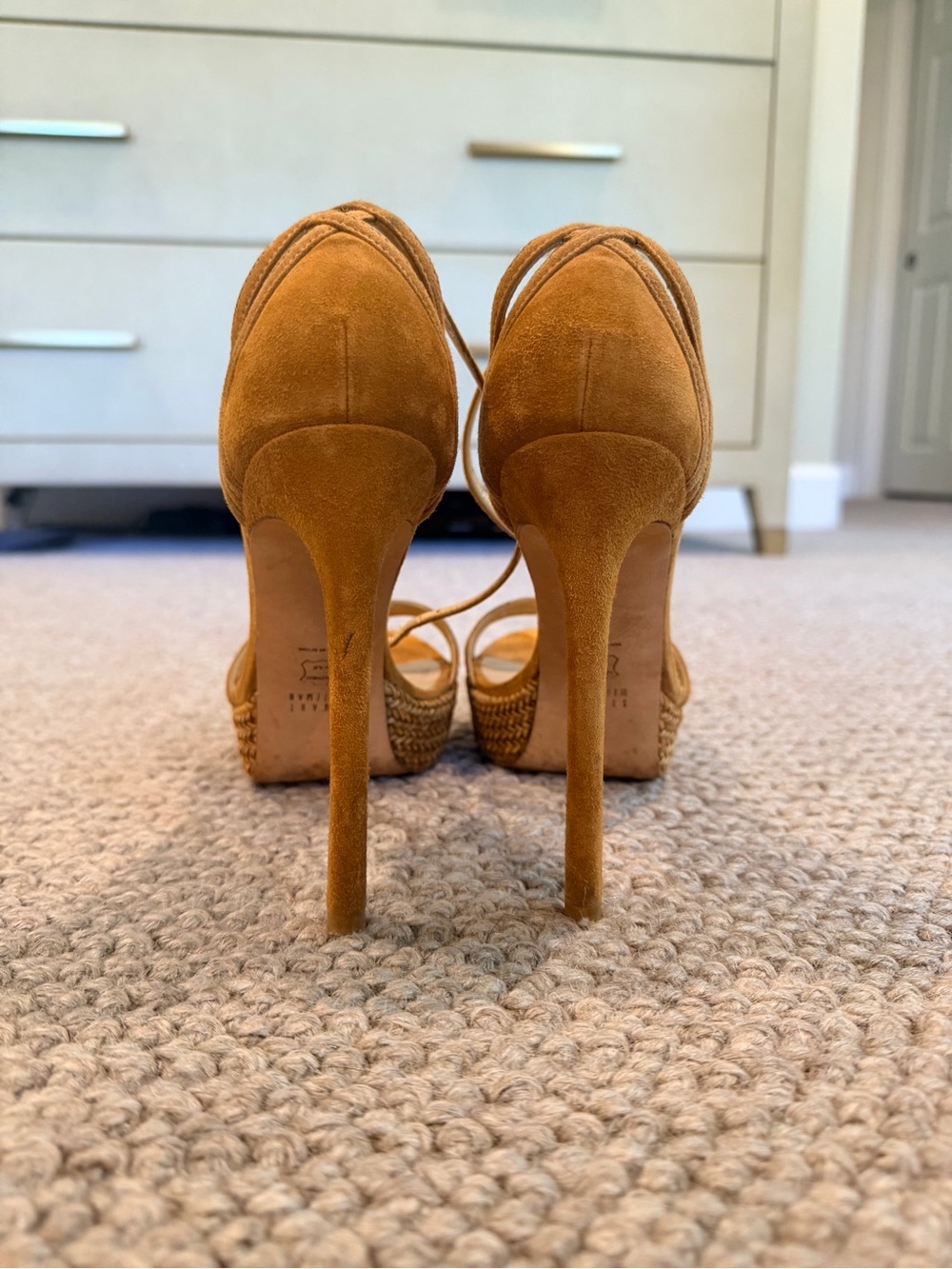 Stuart Weitzman Tan Suede Woven Platform Ankle-Tie Sandals - Picture 3 of 4